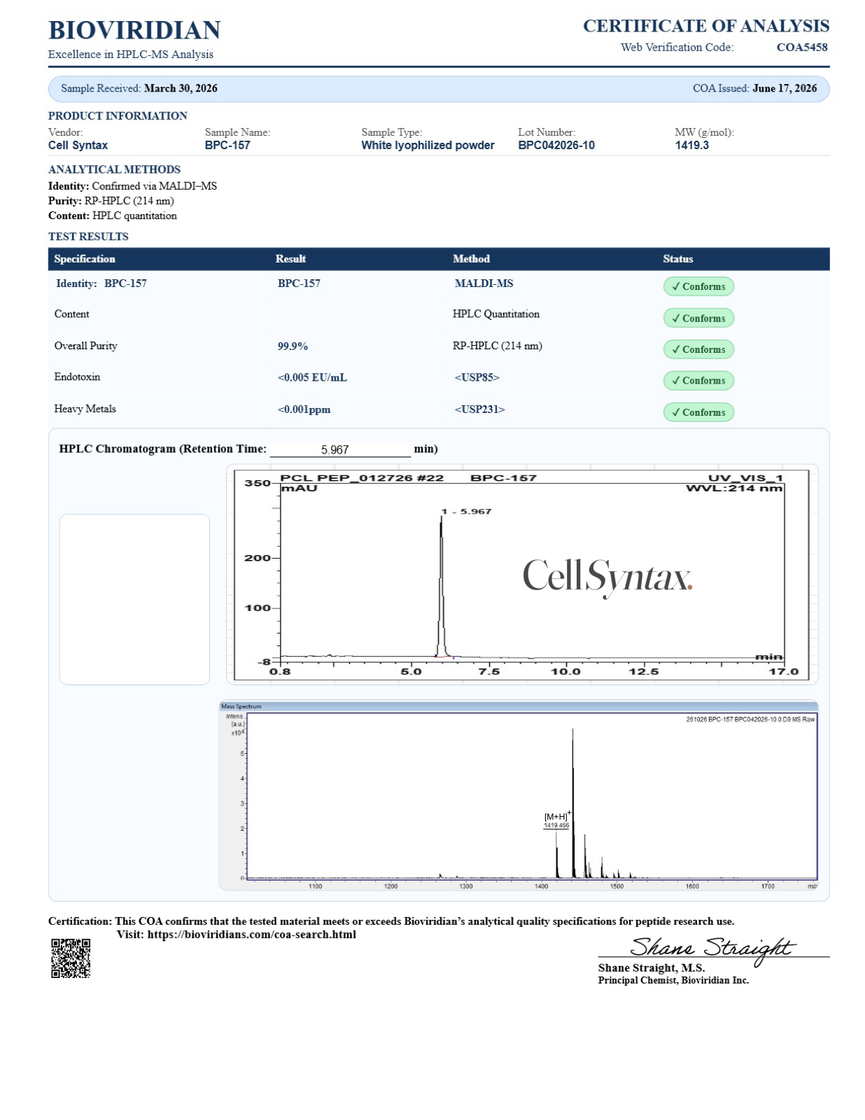 BPC-157 Certificate of Analysis preview